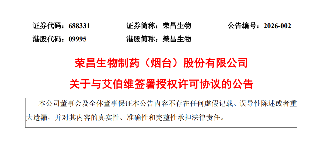 首付款45亿元 荣昌生物双抗产品授权艾伯维(3)