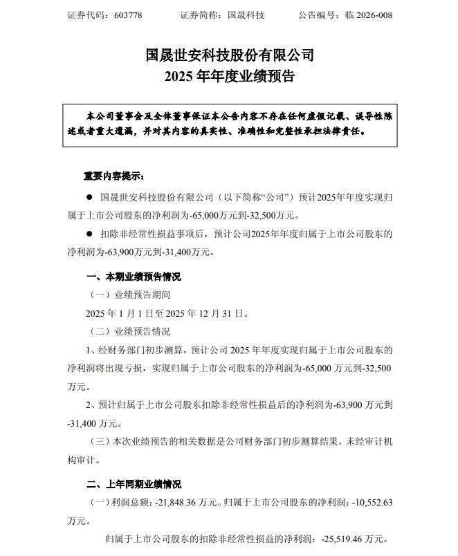 国晟科技：预计2025年年度净利润亏损3.25亿元—6.5亿元(2)