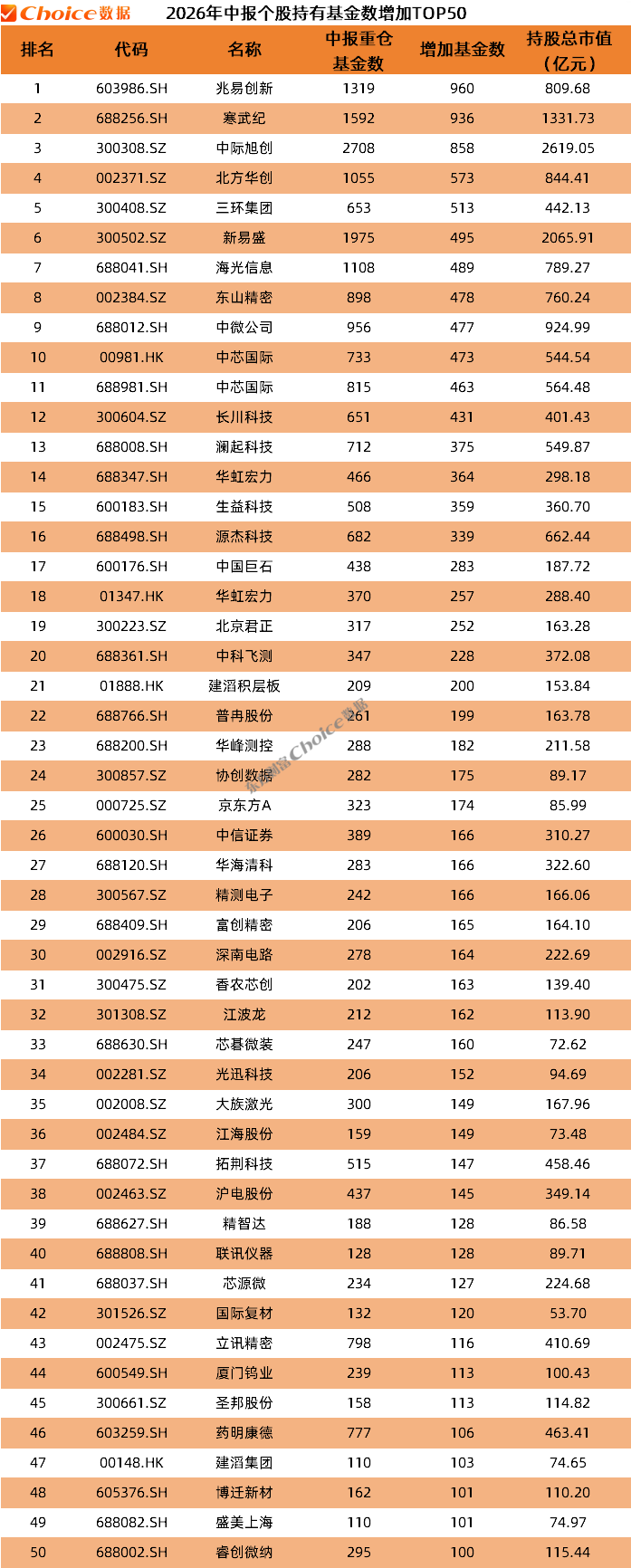 公募基金2026年中报数据榜单！重仓持股TOP50出炉(5)