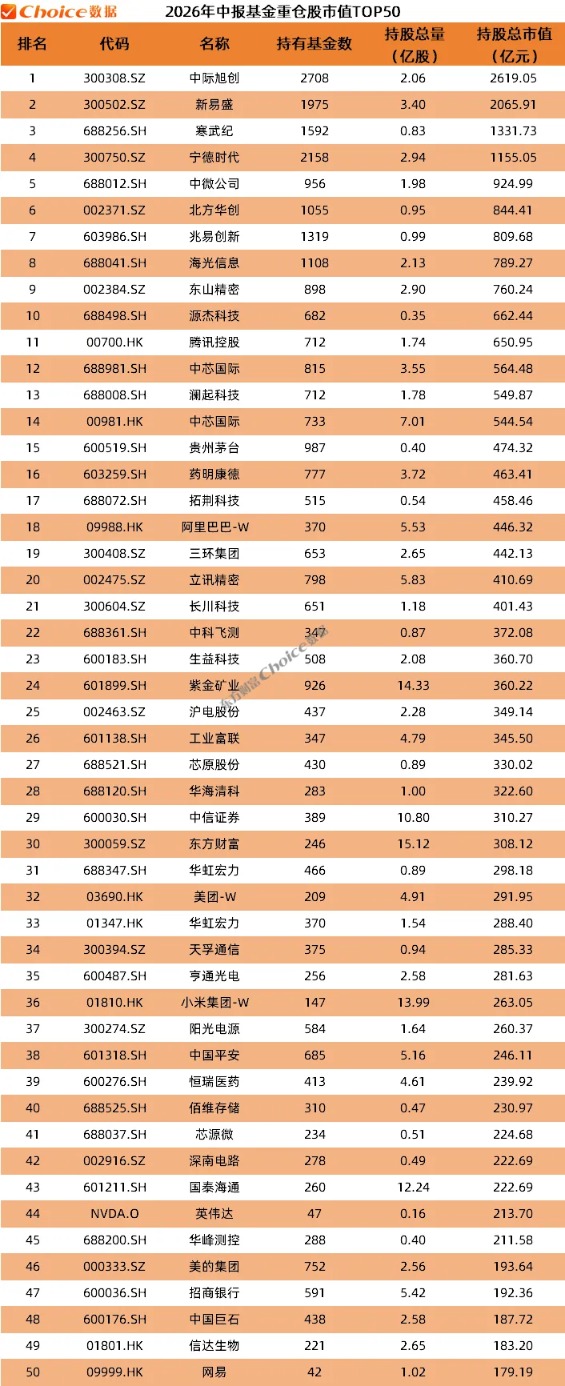 公募基金2026年中报数据榜单！重仓持股TOP50出炉(4)