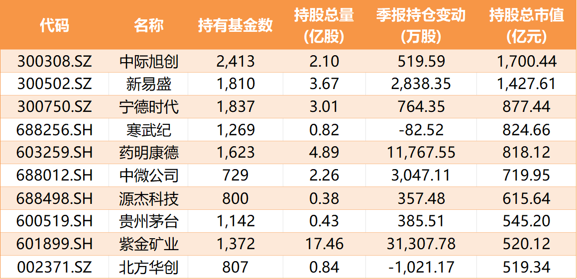 中际旭创居首，公募前十大重仓股出炉：坚守科技主线、拥抱红利资产(2)