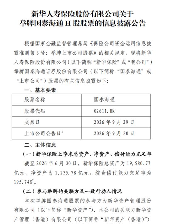 新华保险举牌国泰海通H股,持股比例升至20.24%,多元资金加速布局券商板块(1) 新华保险举牌国泰海通H股,持股比例升至20.24%,多元资金加速布局券商板块(1)